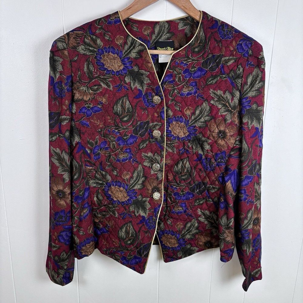 VTG Stuart Alan Red Purple Quilted Floral Jacket Gold Buttons USA Women's 14‎